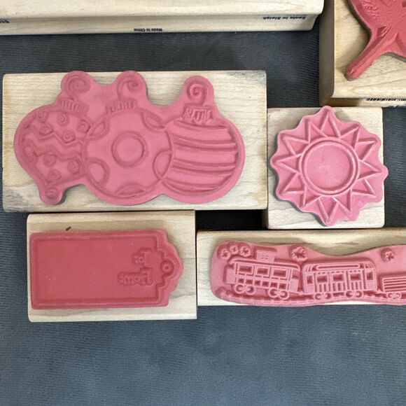 Stampabilities Wood Rubber Stamp Lot Christmas Holiday Santa Reindeer Train Tag - Picture 8 of 11